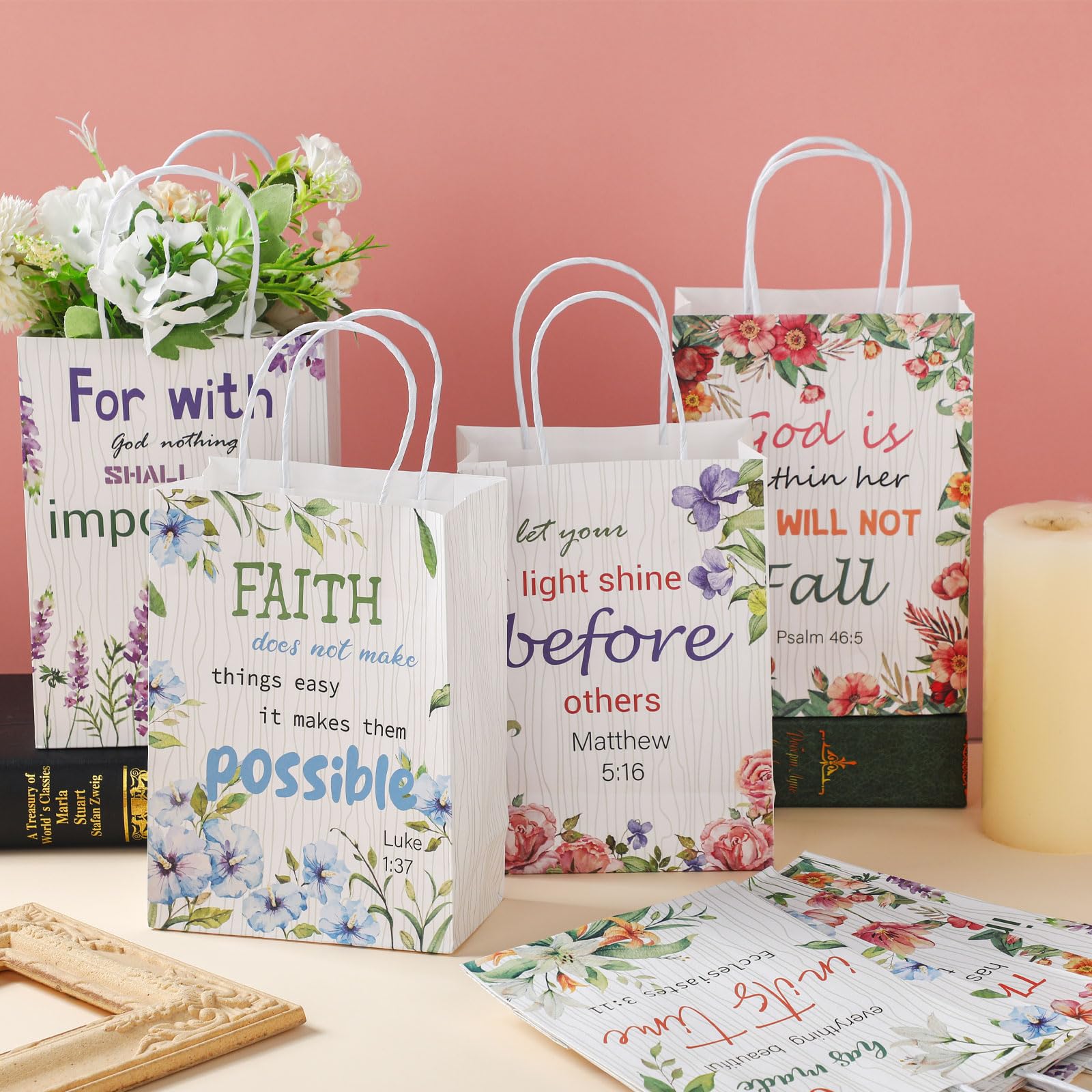 Yeaqee 24 Pcs Religious Gift Bags Bible Verse Treat Bags Inspirational Flower Paper Bags with Handles Christian Church Gifts in Bulk for Women Wedding Birthday First Communion Baptism