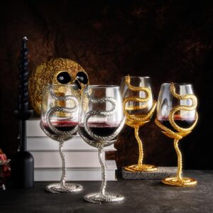 Stemmed Snake Wine Glass | SINGLE | 19oz Spooky Reptile Glasses 10" H, Gifts, Skeleton Gifts, Skeleton Decor, Spooky Wine Gift Set, Perfect for Themed Parties (Gold)