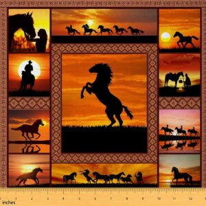 horse fabric by the yard, western cowboys upholstery fabric, farmhouse sunset decorative fabric, horse silhouette outdoor fabric, wild animals patchwork waterproof fabric for sewing, yellow, 1 yard