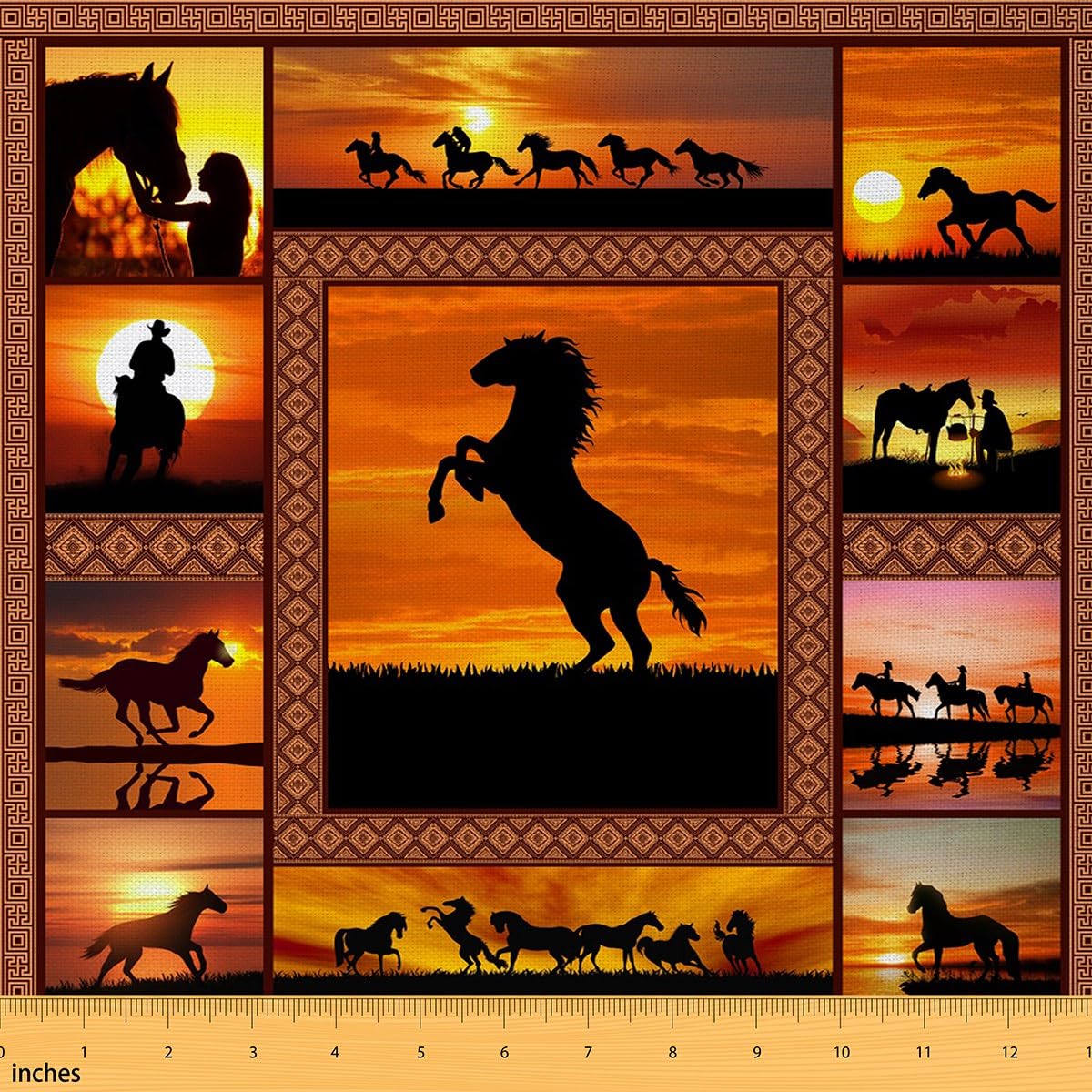 Horse Fabric by The Yard, Western Cowboys Upholstery Fabric, Farmhouse Sunset Decorative Fabric, Horse Silhouette Outdoor Fabric, Wild Animals Patchwork Waterproof Fabric for Sewing, Yellow, 1 Yard