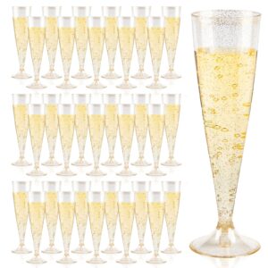 qeirudu 50 pack plastic champagne flutes, 4.5 oz gold glitter champagne glasses disposable toasting glass for party wedding baby shower mimosa bar supplies