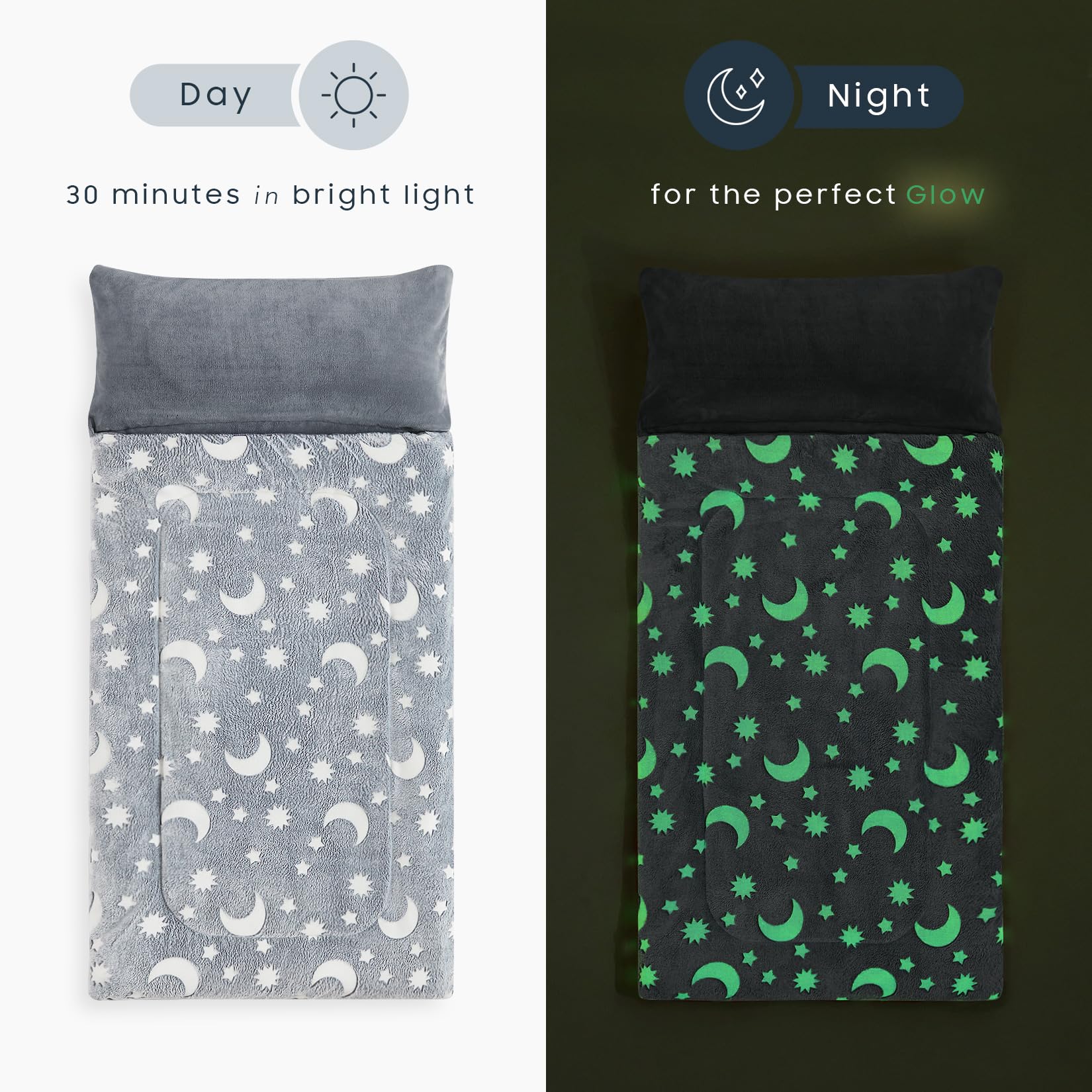 Wake In Cloud - Glow in The Dark Sleeping Bag with Pillow, Fleece Nap Mat for Toddler Kids Boys Girls, Winter Cold Weather Daycare Kindergarten Sleepover Travel Camping, Moon and Stars on Grey