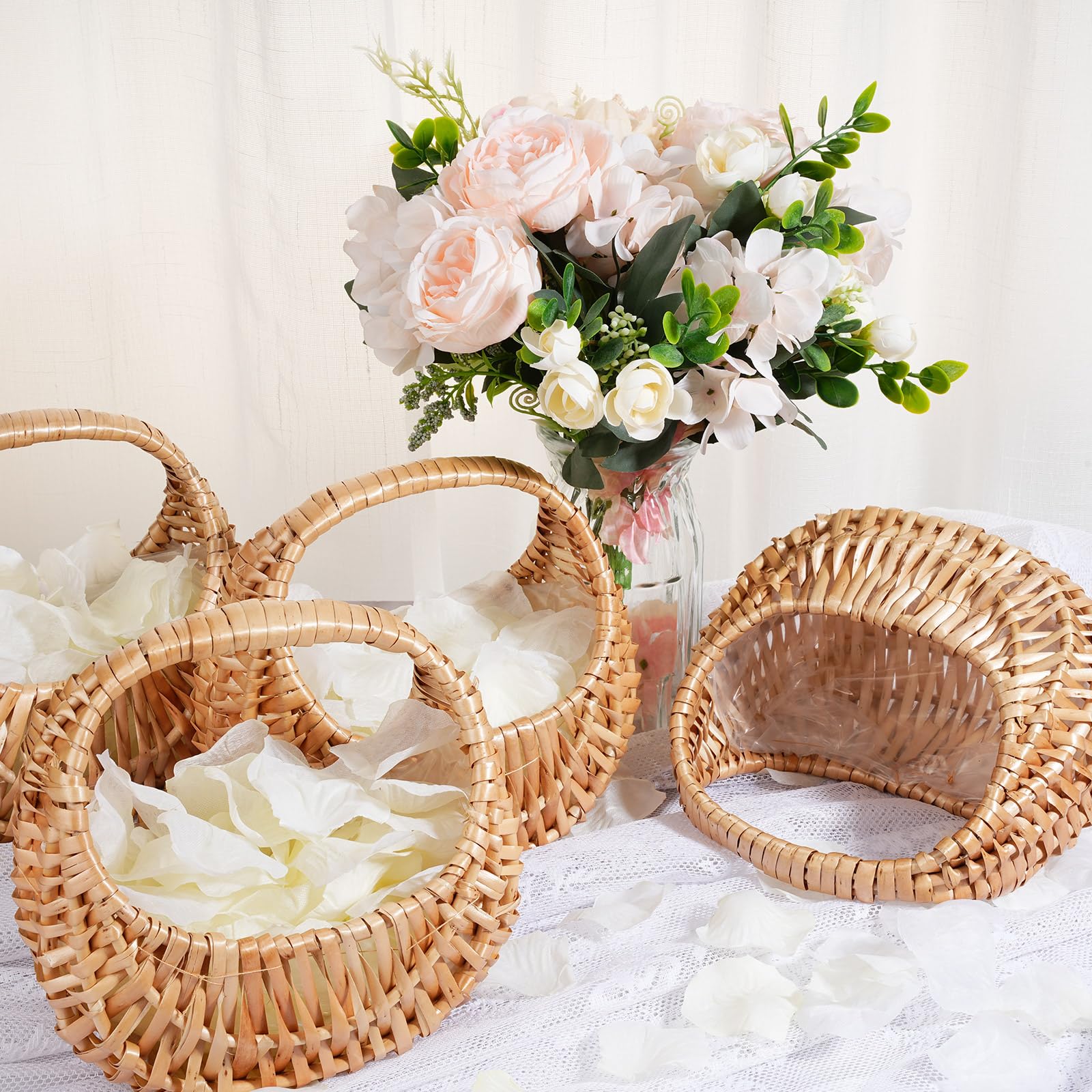 Uiifan 4 Sets Weddings Flower Girl Baskets with 4000 pcs Artificial Silk Rose Petals and Woven Wicker Rattan Basket with Handle and Flower Petals for Bridal Anniversary Party Decoration(Brown)