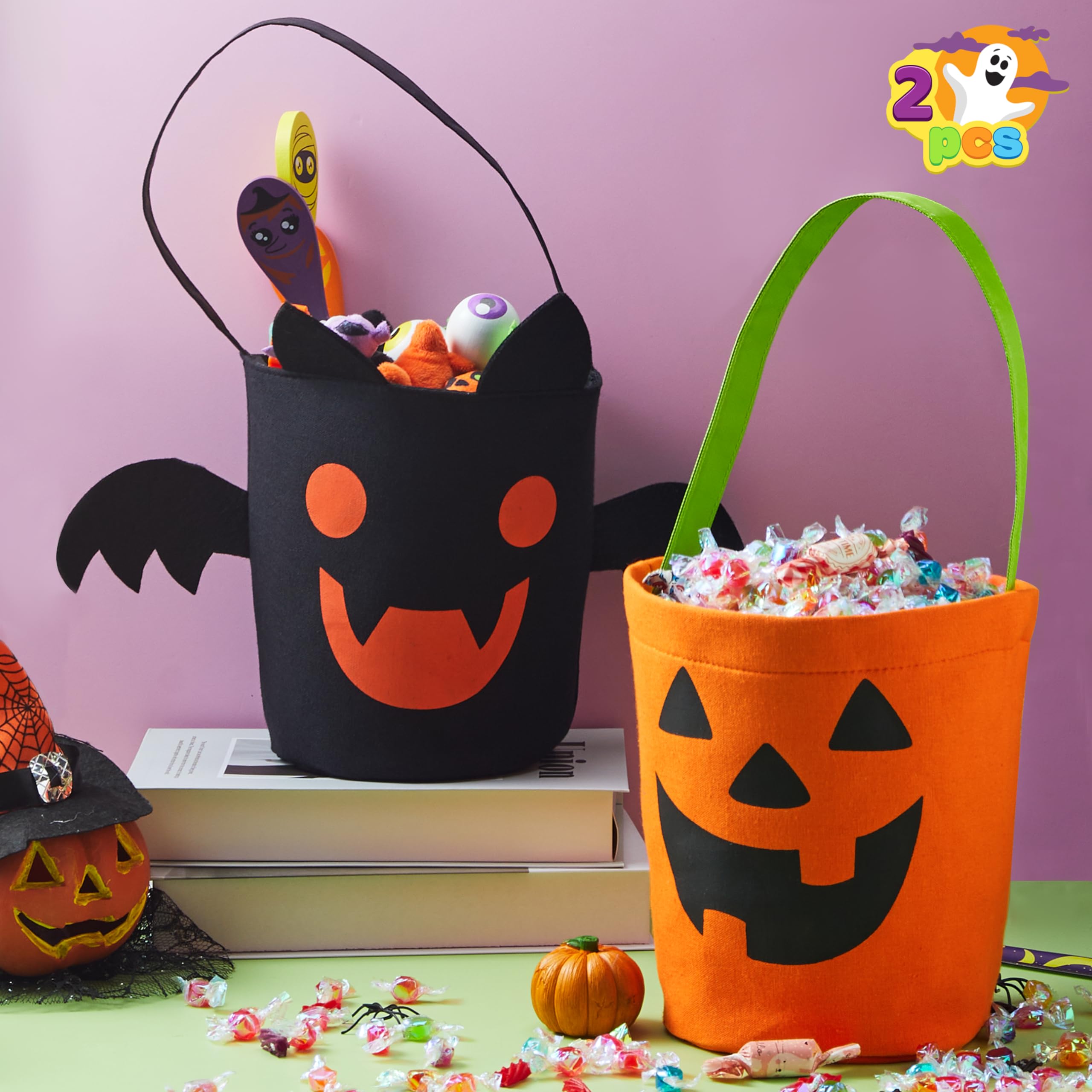 JOYIN 2 PCS Halloween Trick or Treat Bags, 6 X 9 Orange Pumpkin Candy Bucket for Trick or Treating, Black Reusable Bat Goody Tote Bucket, Portable Felt Baskets for Kids Halloween Party Favor Supplies