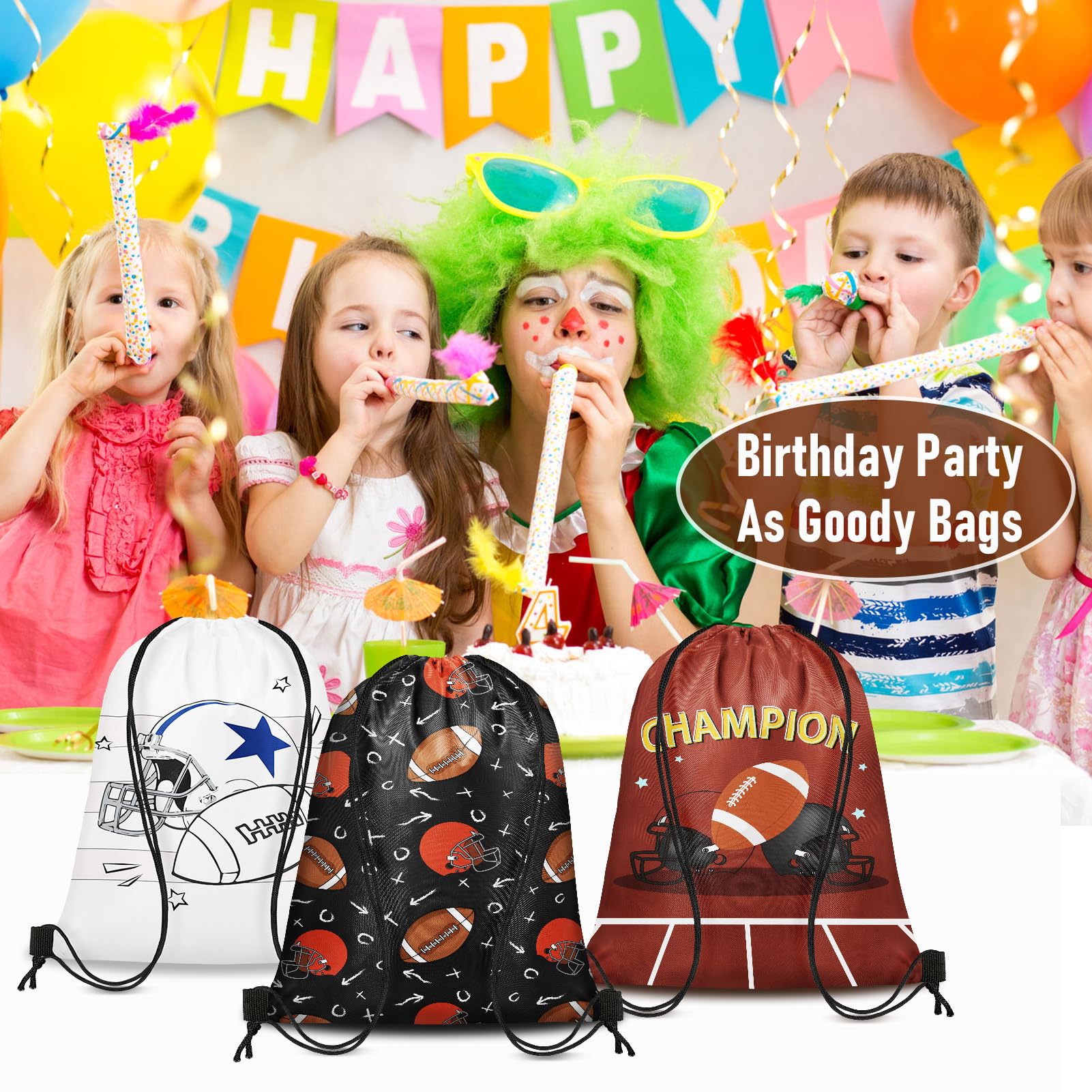 Grneric 18 Pcs Small Basketball Football Baseball Drawstring Bags Bulk Candy Bags Party Goodie Favor Drawstring Gift Bags for Sports Teams (Football)