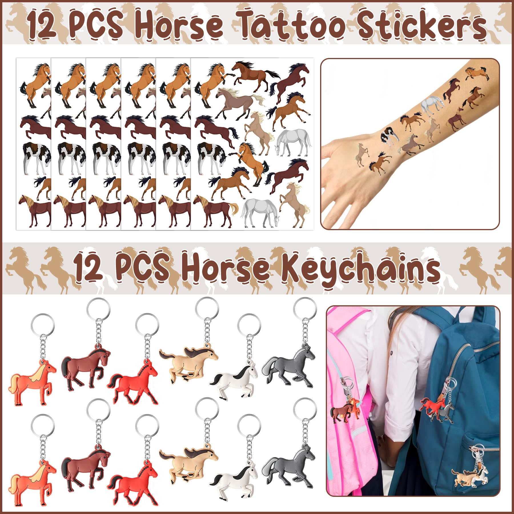 Erweicet Horse Party Favors 72 PCS Slap Bracelets Temporary Tattoos DIY Stickers Keychains Mini Horse Plastic Toys Gift Bags for Cowboys Western Animal Theme Birthday Party Baby Shower