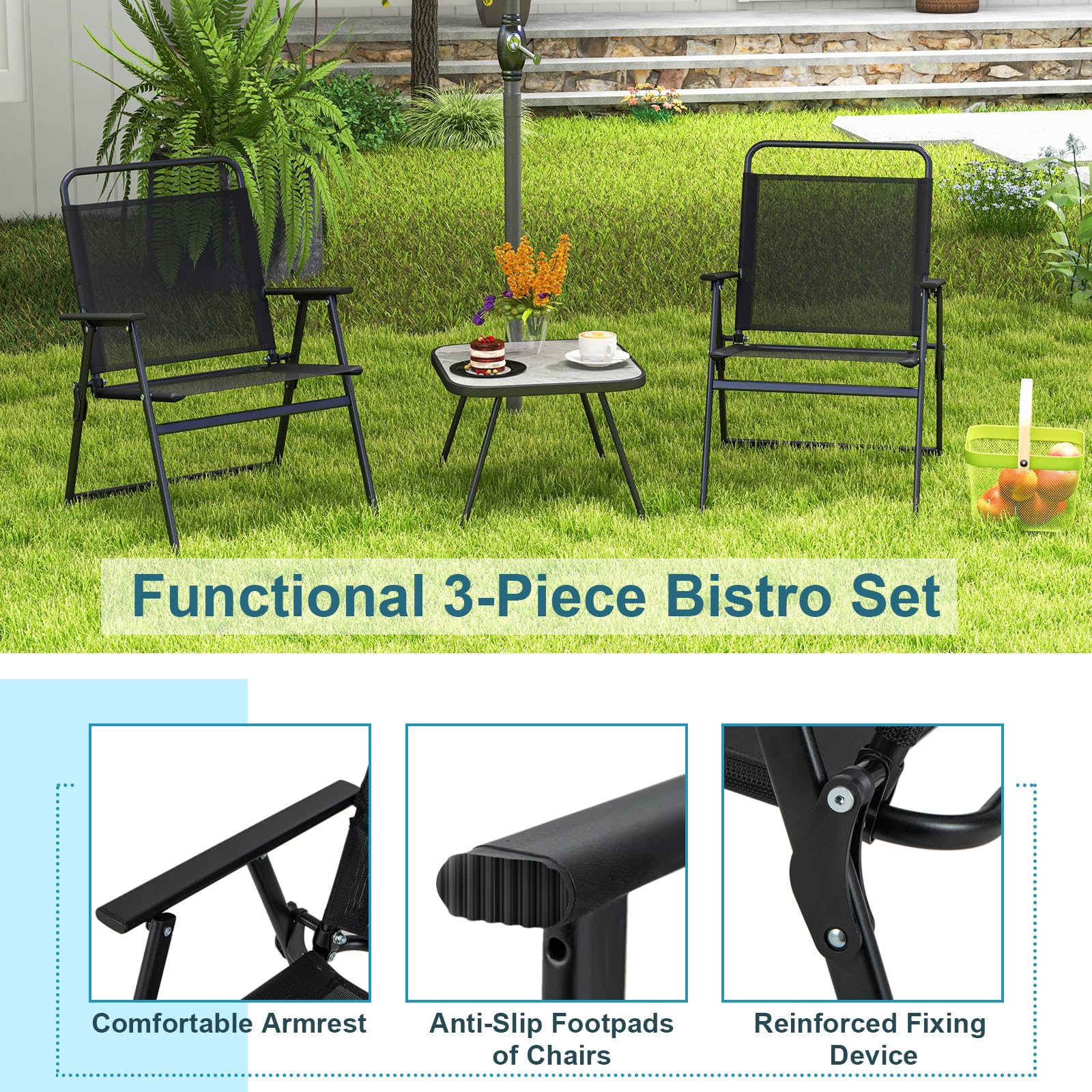 Tangkula 3 Piece Patio Folding Bistro Set, 2 Folding Chairs with Coffee Table, Breathable Fabric & Heavy-Duty Metal Frame, Outdoor Portable Folding Chair Set for Backyard, Poolside, Balcony (Black)