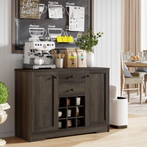 botlog buffet sideboard bar cabinet with storage, farmhouse coffee bar cabinet with 2 drawers and adjustable shelves, 43.3’ kitchen buffet storage cabinet for kitchen, dining room (dark brown)