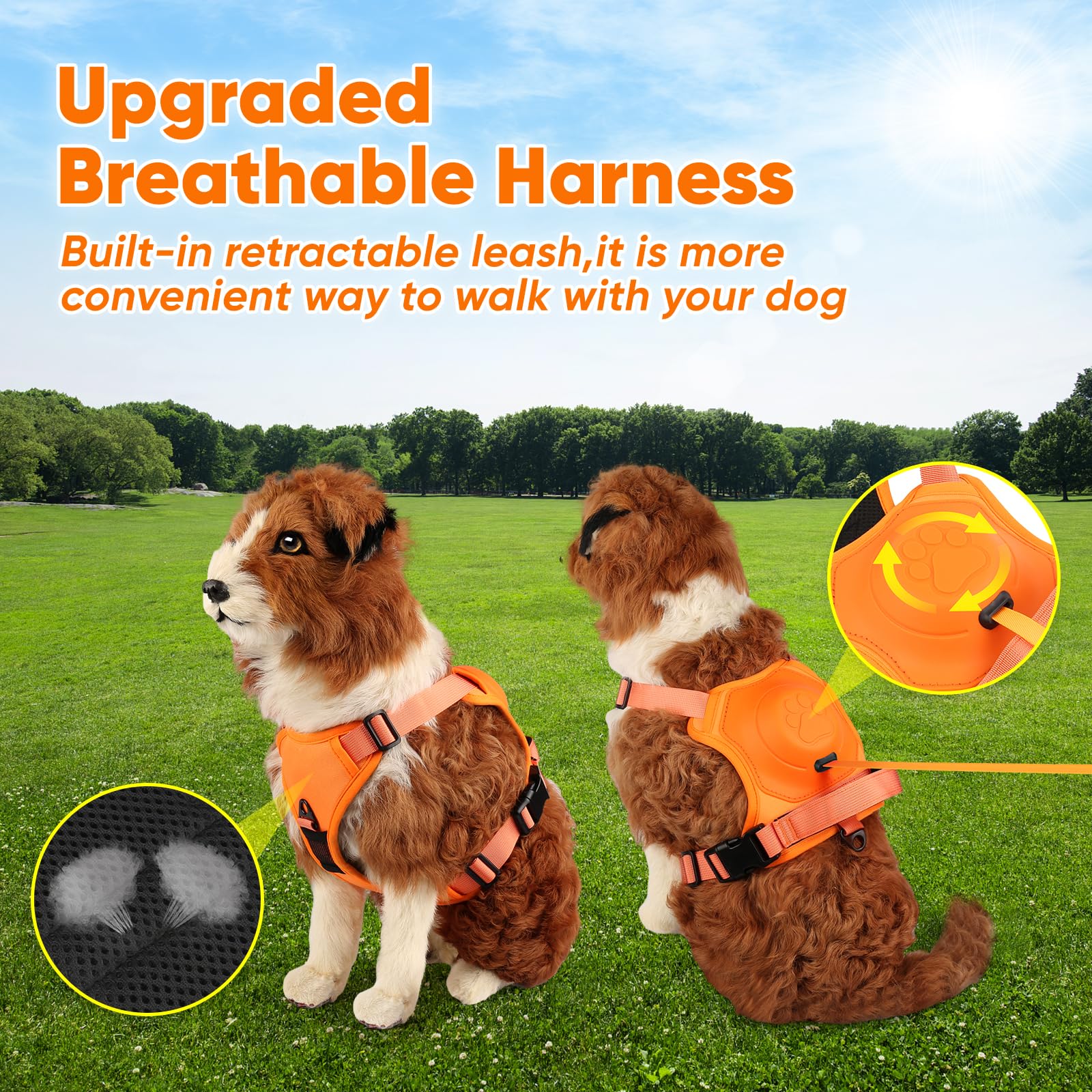 Retractable No-Pull Dog Harness, Auto-Stop Rope for Safety Use, Adjustable Reflective Oxford Easy Control,for 15-33 LBS Medium/Large Dogs Use(Orange)