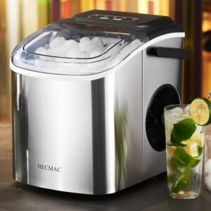 hecmac stainless steel countertop ice maker, 26lbs/24h, 6 min fast ice, self-cleaning, custom s/l ice sizes, portable - home/kitchen/office/bar/party/camp