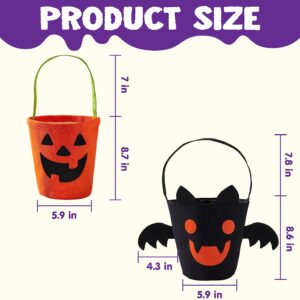 JOYIN 2 PCS Halloween Trick or Treat Bags, 6 X 9 Orange Pumpkin Candy Bucket for Trick or Treating, Black Reusable Bat Goody Tote Bucket, Portable Felt Baskets for Kids Halloween Party Favor Supplies