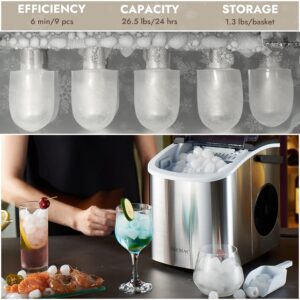 HECMAC Stainless Steel Countertop Ice Maker, 26Lbs/24H, 6 Min Fast Ice, Self-Cleaning, Custom S/L Ice Sizes, Portable - Home/Kitchen/Office/Bar/Party/Camp