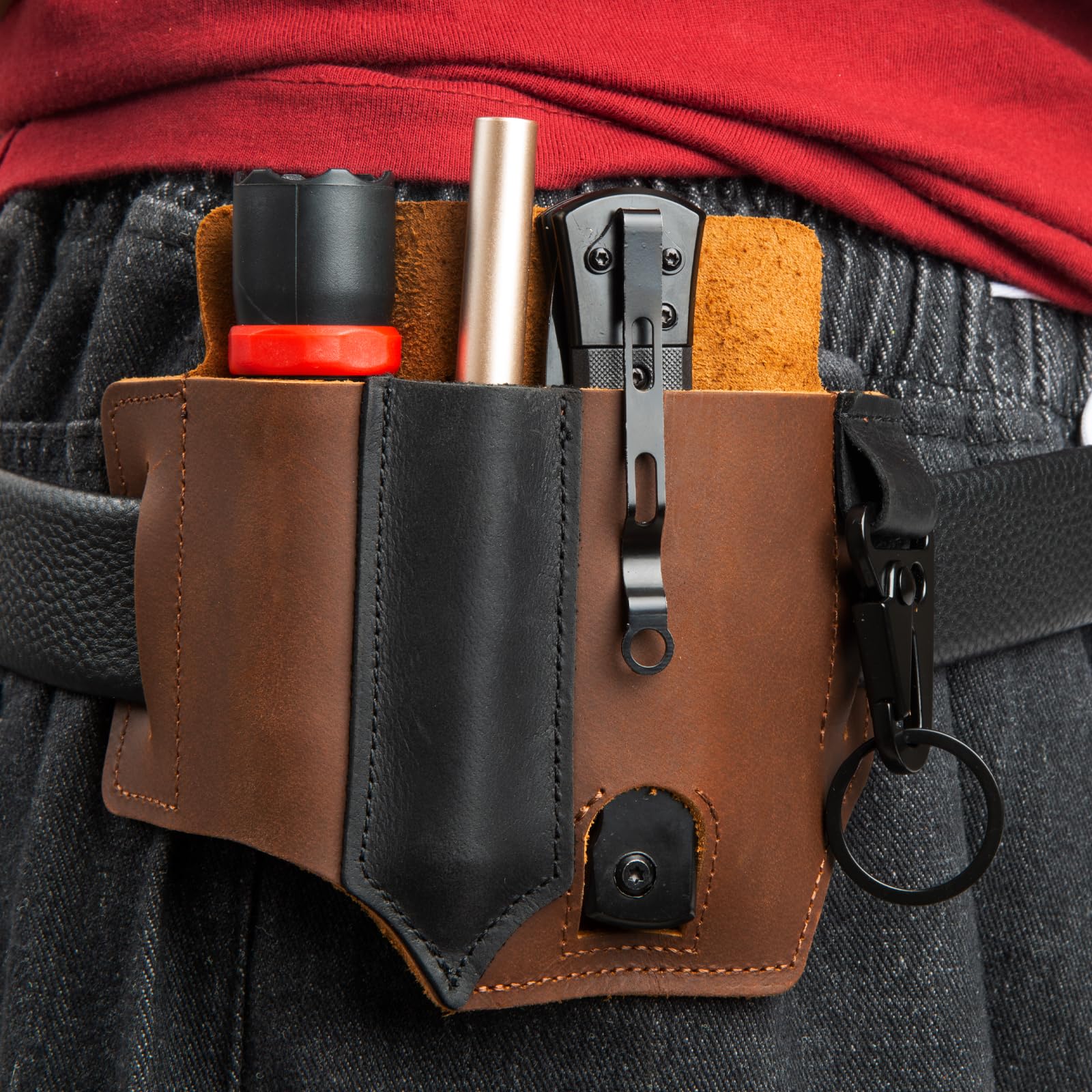 Intotal Multitool Sheath for Belt, EDC Leather Sheath,Brown Leather Belt Pouch for Work and Daily Use,Multi-Kit Gifts for Men, Belt Organizer for Pen Holder/Key Fob/Flashlight Sheath