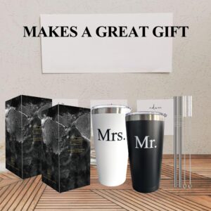 PartyGifts&beyond Mr and Mrs Cups Wedding honeymoon essential gifts 2 Pcs 20 Oz Stainless Steel Couple Tumblers for Bride and Groom (Bold)