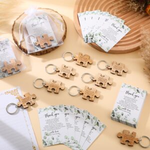 Sintuff 50 Sets Wedding Favors for Guests Rustic Wood Puzzle Keychain Thank You Card Organza Bag Wedding Party Bridal Shower Souvenir (Natural Wood)