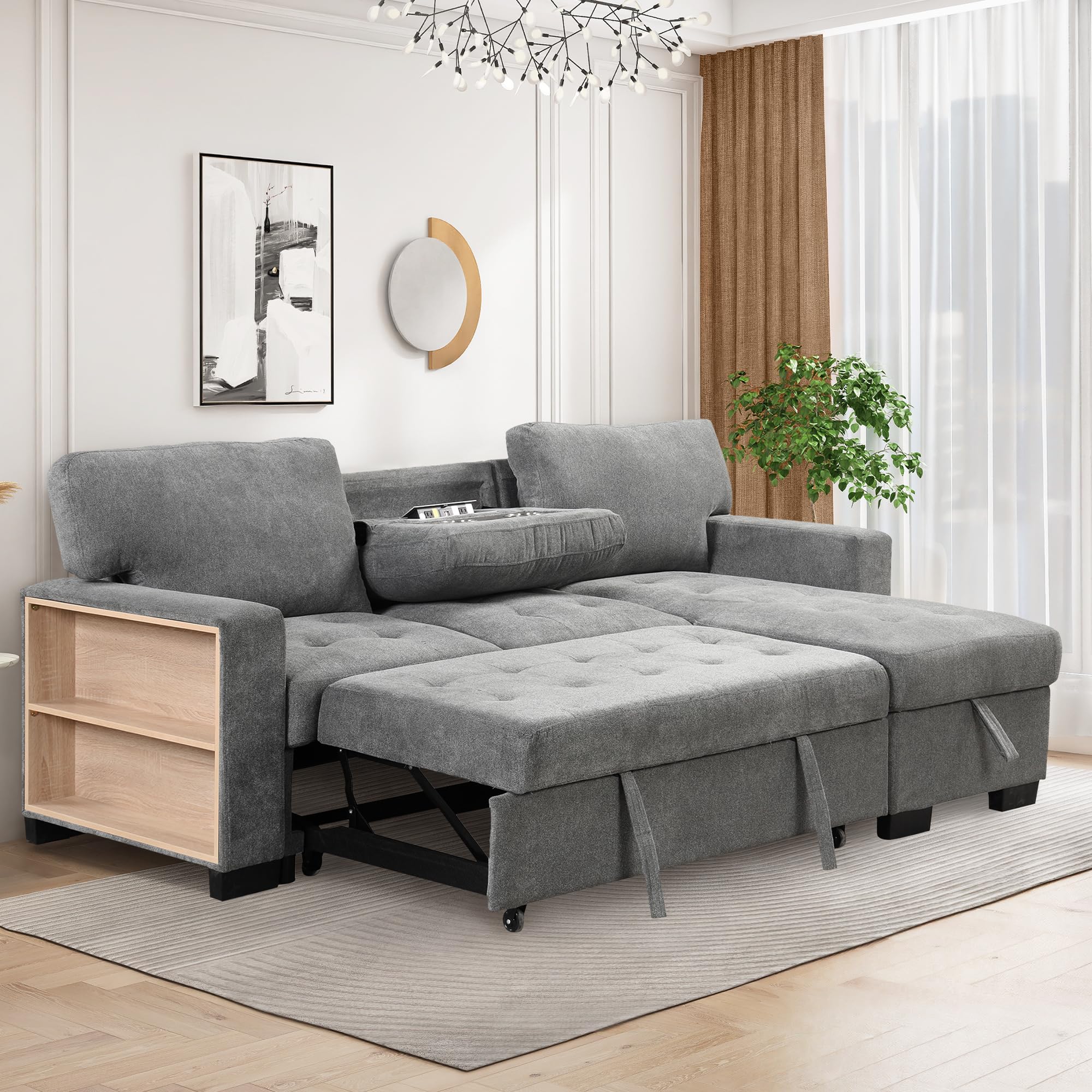 Polibi L-Shape Convertible Sofa with Storage Chaise, USB Charger, Cup Holders and Side Shelves, Velvet Multifunctional 3-Seat Couch, Pull-Out Sleeper Sofa Bed for Living Room, Bedroom, Grey