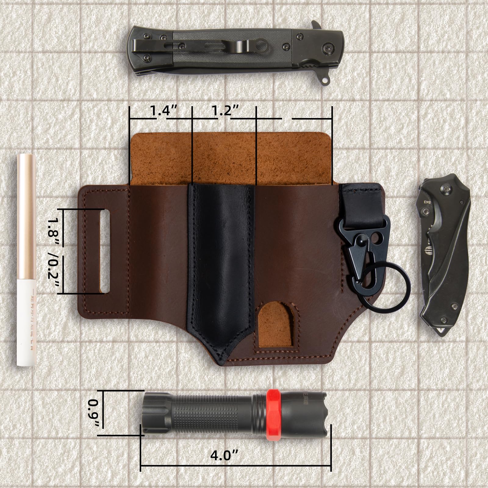 Intotal Multitool Sheath for Belt, EDC Leather Sheath,Brown Leather Belt Pouch for Work and Daily Use,Multi-Kit Gifts for Men, Belt Organizer for Pen Holder/Key Fob/Flashlight Sheath