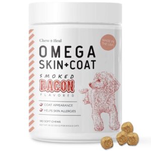 omega for dogs - 180 delicious soft chews - salmon oil treats for skin and coat, itch relief - fish oil blend of essential fatty acids, omega 3, 6, and 9, and vitamins - smoked bacon flavor