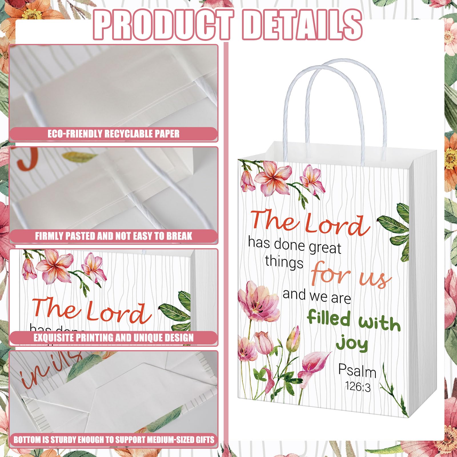 Yeaqee 24 Pcs Religious Gift Bags Bible Verse Treat Bags Inspirational Flower Paper Bags with Handles Christian Church Gifts in Bulk for Women Wedding Birthday First Communion Baptism