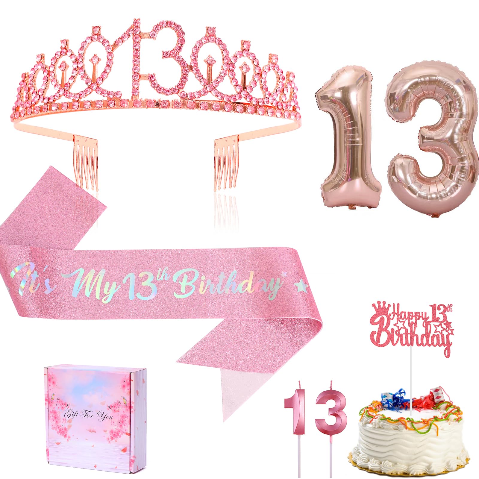 13th Birthday Candle Sash and Tiara Sets,It's My 13th Birthday Sash Rhinestone Crown Happy Birthday Cake Topper 32inch Foil Balloon for Girls 13th Birthday Gift Party Decorations Supplies (Rose 13th)