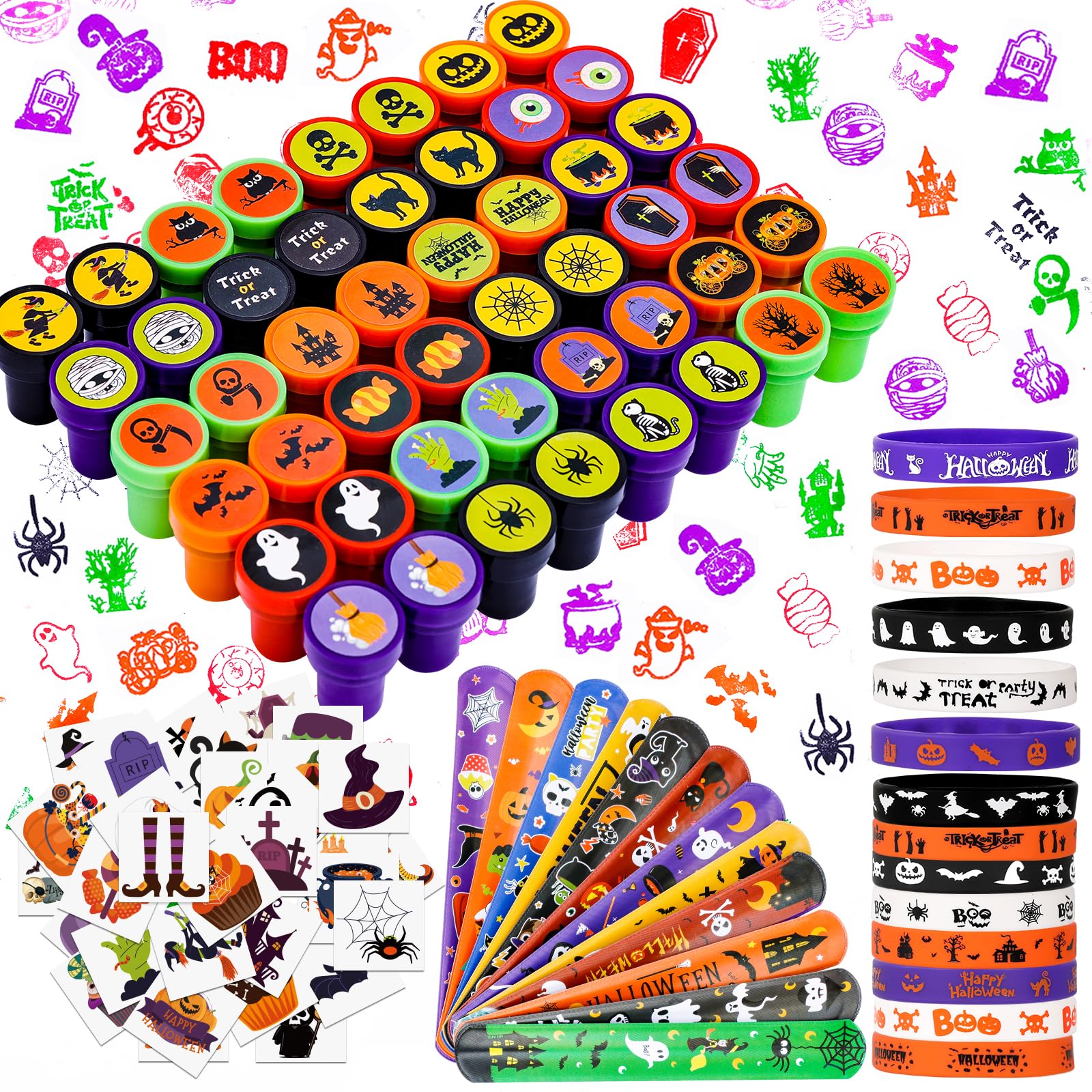 MGparty 288 Pack Halloween Party Favors Bulk Toys for Kids - Tattoos Stamps Slap Bracelets Rubber Bracelets Halloween Pinata Stuffers Trick-or-Treat Goodie Bag Fillers Classroom Game Prizes