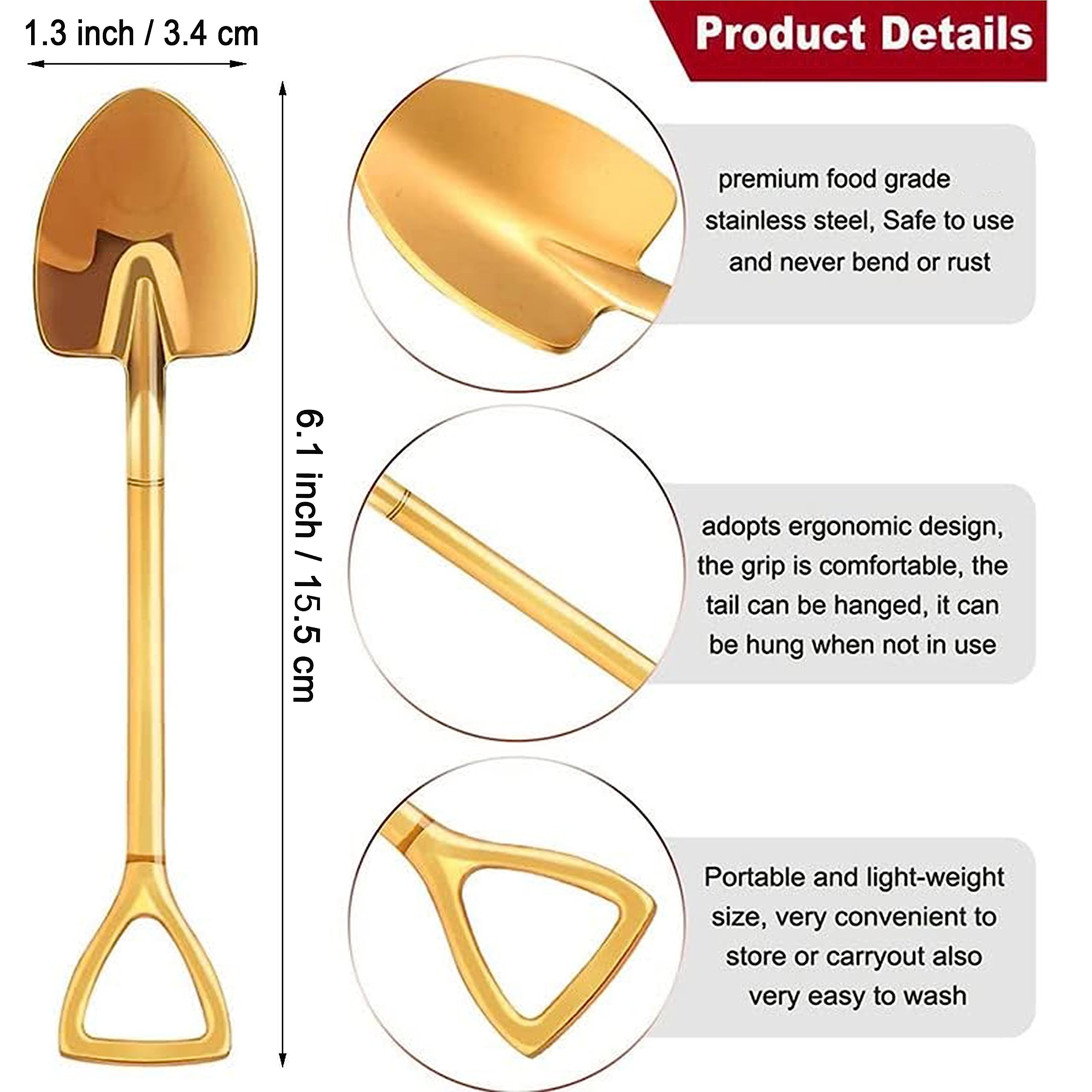 Comicfs 10 Pcs Dessert Spoons 6 Inch Shovel Shape Stainless Steel Spoons Ice Cream Fruit Spoon for Home Kitchen or Restaurant (Gold)