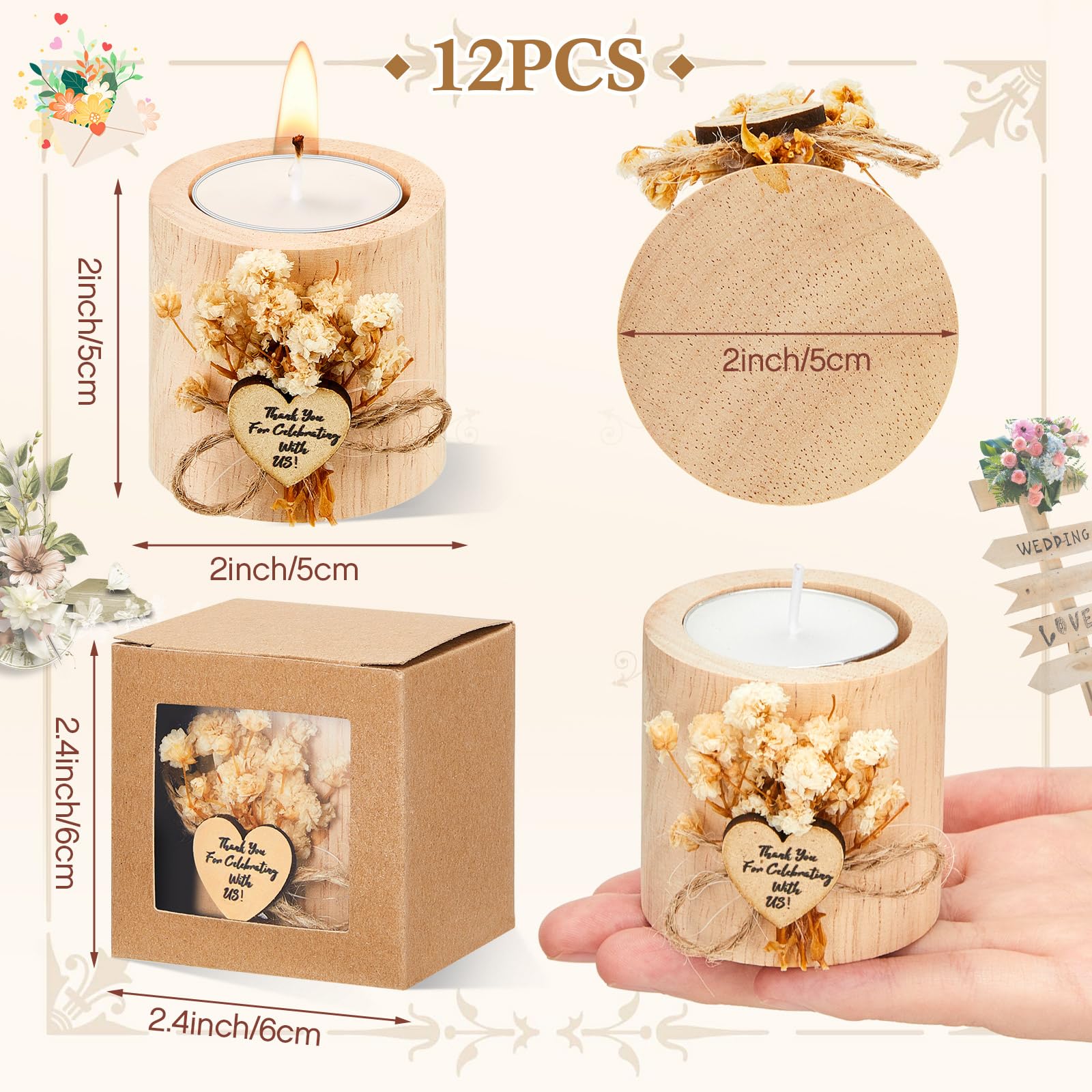 12 Pcs Rustic Wedding Favor Candle Holders Bridal Shower Favors Candles Wedding Party Favors Wedding Wooden Candle Gifts Wedding Souvenirs for Guest Romantic Gifts Wedding Decorations (Light Brown)