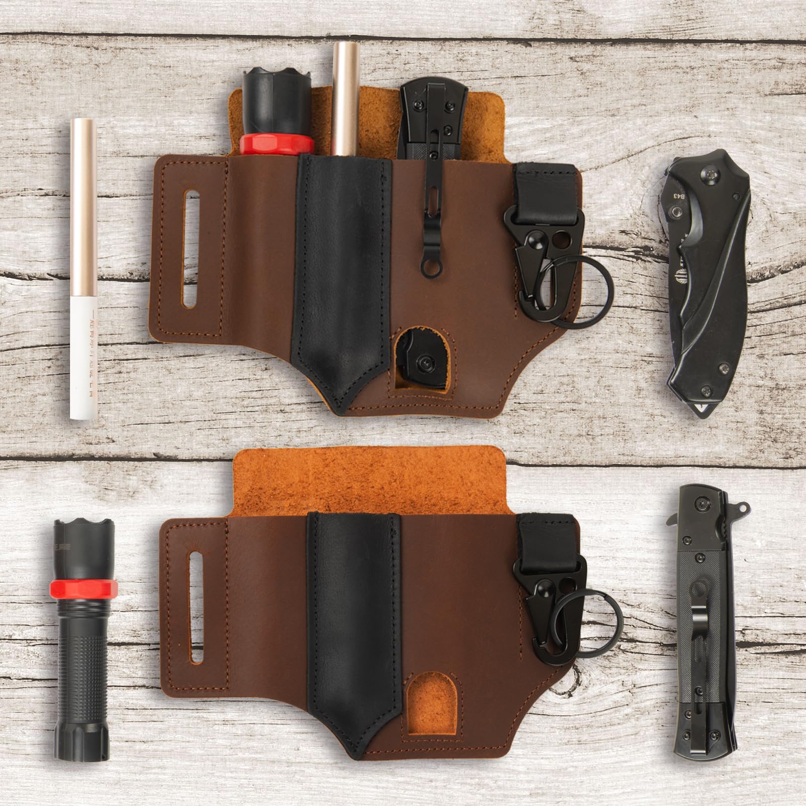 Intotal Multitool Sheath for Belt, EDC Leather Sheath,Brown Leather Belt Pouch for Work and Daily Use,Multi-Kit Gifts for Men, Belt Organizer for Pen Holder/Key Fob/Flashlight Sheath