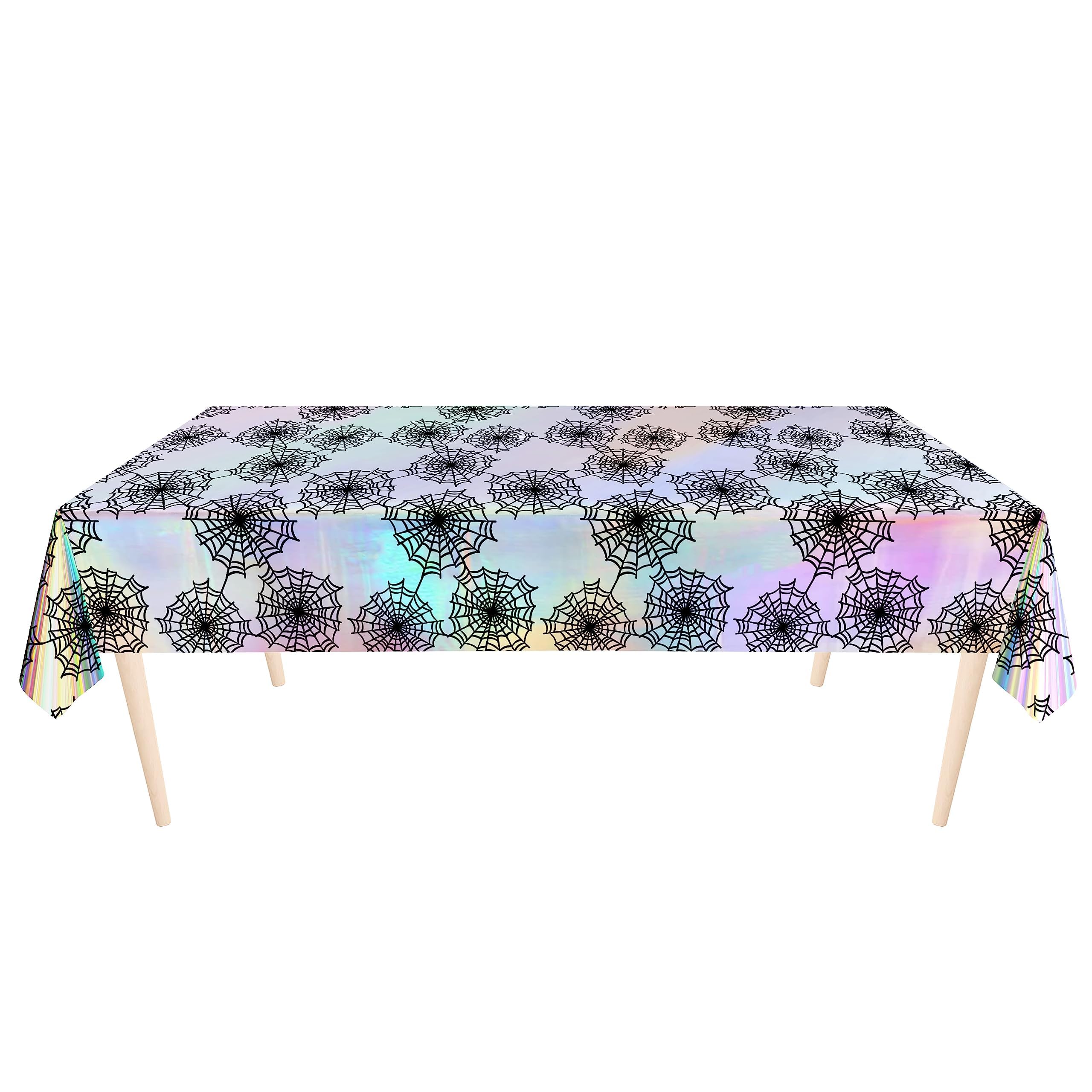 Cheerland Halloween Tablecloth Iridescent Spiderweb Holographic Disposable Foil Table Cover for Birthday Bachelorette Halloween Party Supplies - Pack of 2