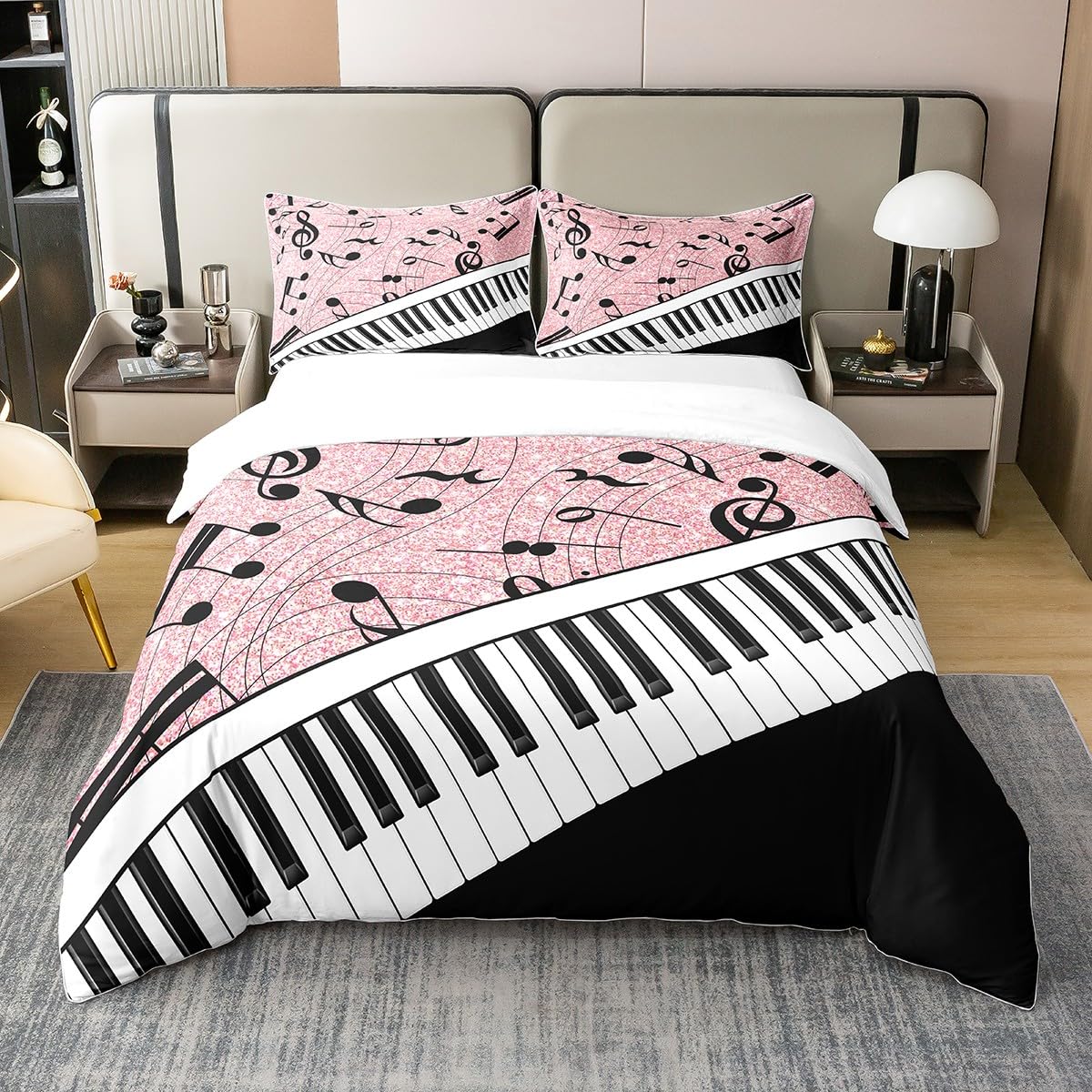 Twin Size Duvet Cover Music 100% Pure Cotton Bedding Set Black Piano and Musical Note Bedding Set Pink Glitter Comforter Cover for Room Decor Twin Size 2 PCS