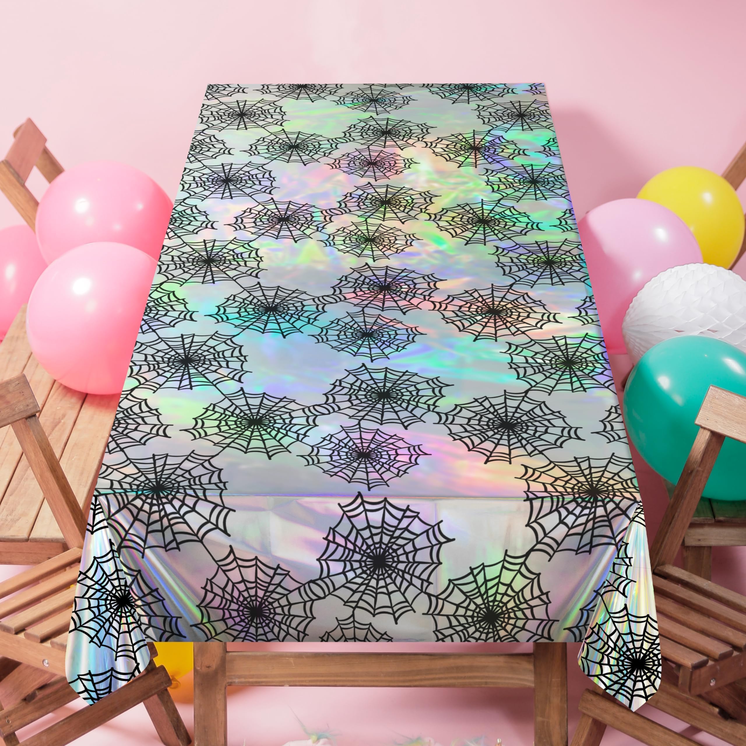 Cheerland Halloween Tablecloth Iridescent Spiderweb Holographic Disposable Foil Table Cover for Birthday Bachelorette Halloween Party Supplies - Pack of 2