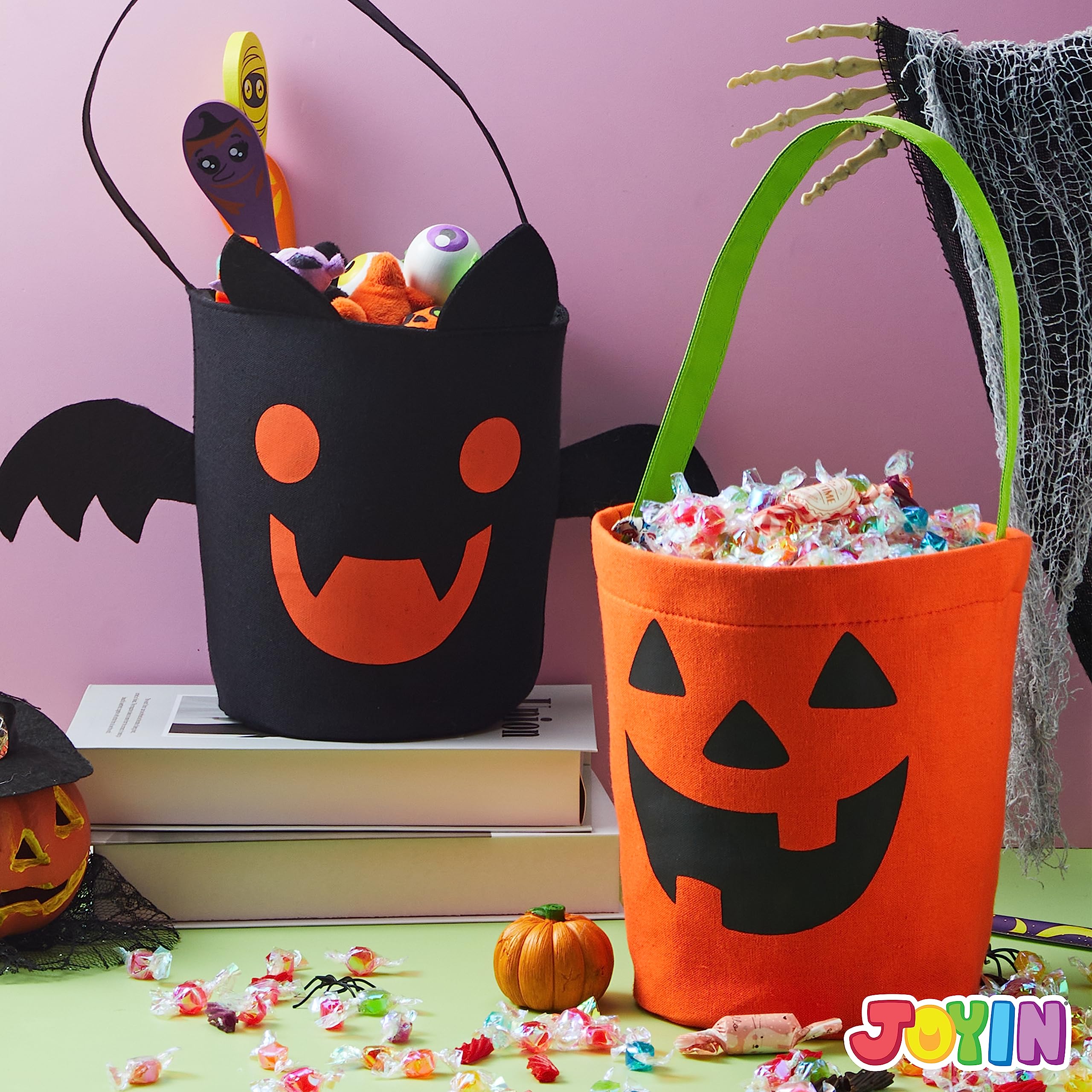 JOYIN 2 PCS Halloween Trick or Treat Bags, 6 X 9 Orange Pumpkin Candy Bucket for Trick or Treating, Black Reusable Bat Goody Tote Bucket, Portable Felt Baskets for Kids Halloween Party Favor Supplies