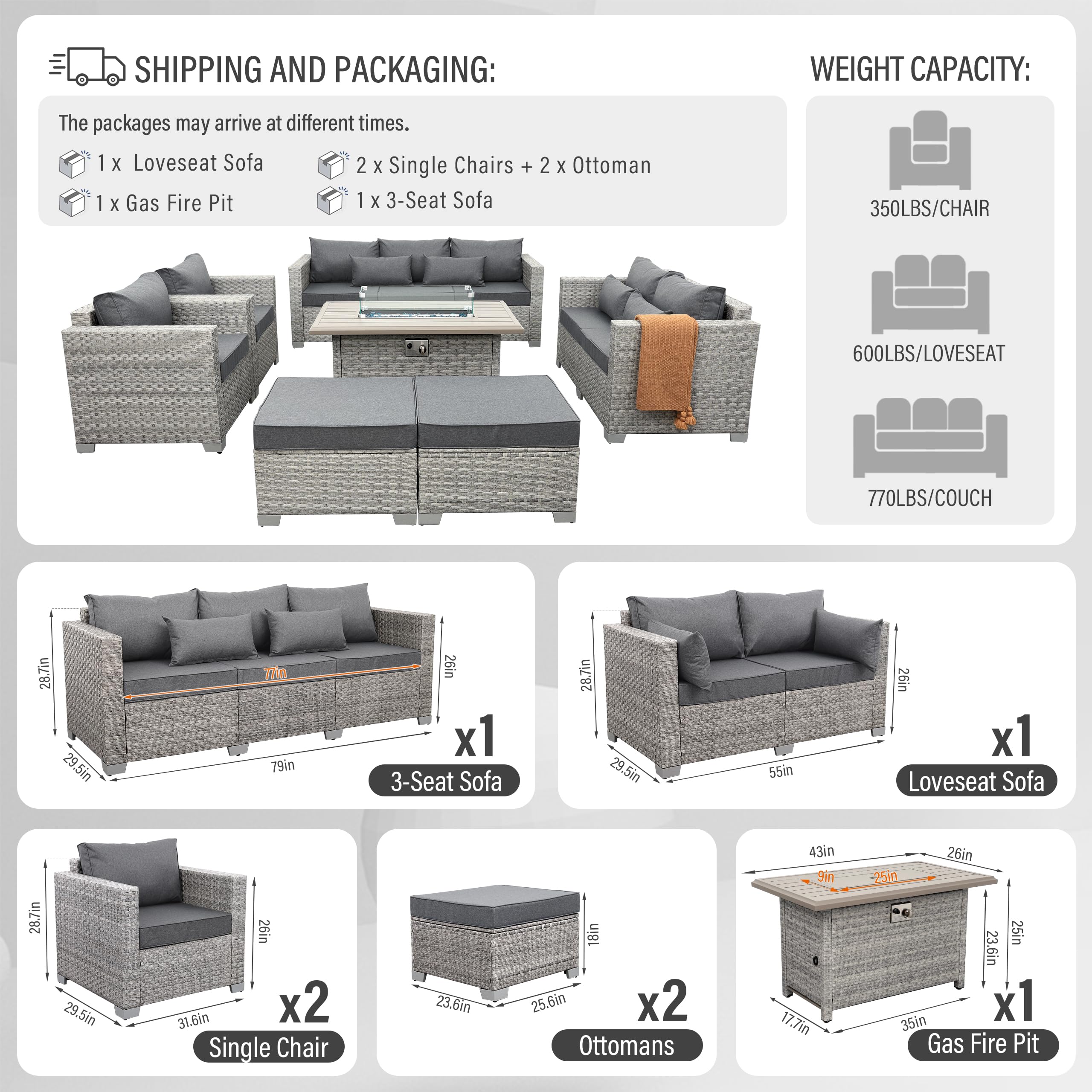 WAROOM Patio Furniture Set Gray Rattan 7 Pieces Outdoor Sectional Sofa PE Wicker Conversation Chairs with Propane Fire Pit Table and Non-Slip Thick Grey Cushion