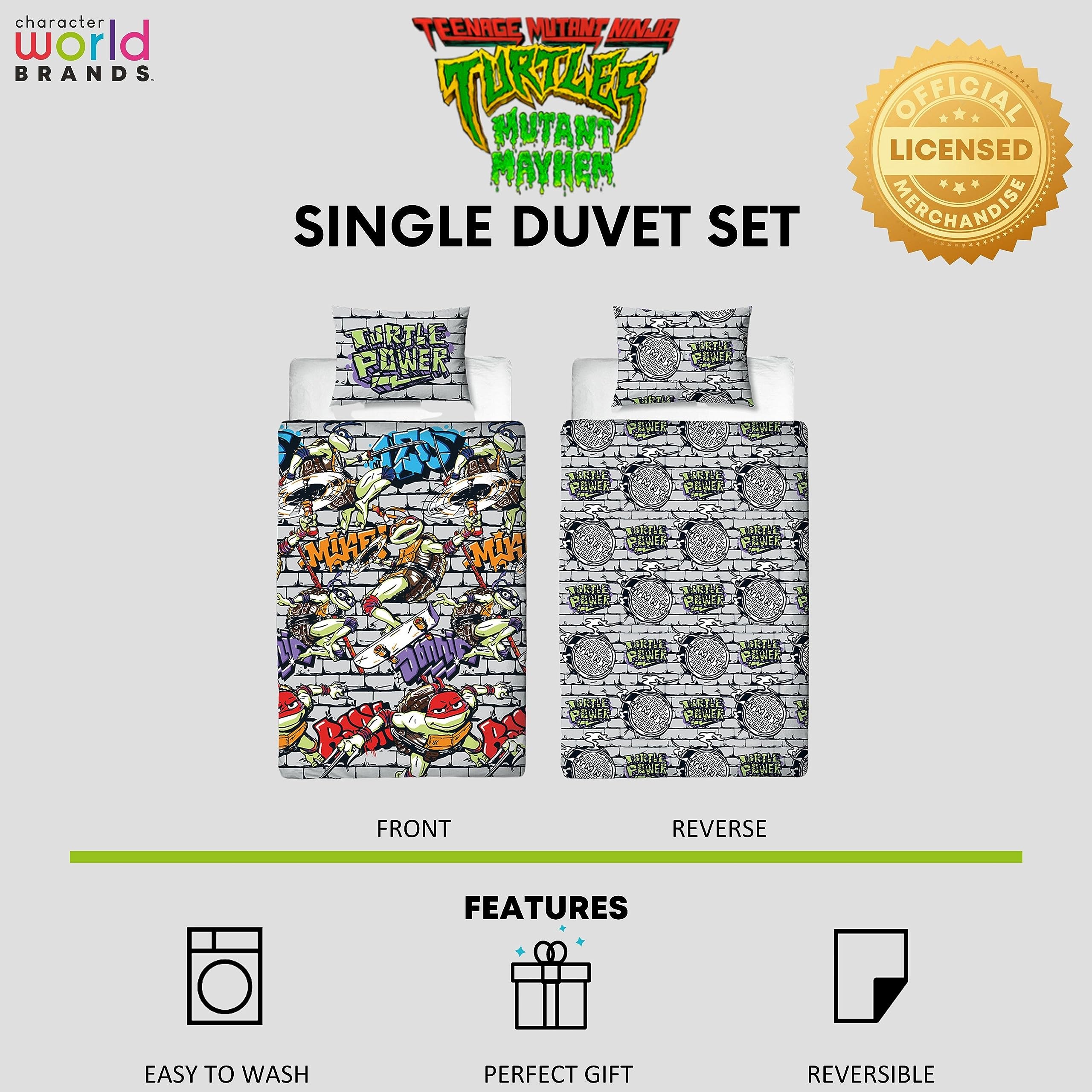 Teenage Mutant Ninja Turtles Power Single Rotary Duvet Cover Set - Bedding Duvet Cover with Pillow Case - Reversible Duvet Cover Set for Kids - Comfortable & Breathable - Cute Design