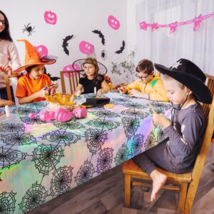 Cheerland Halloween Tablecloth Iridescent Spiderweb Holographic Disposable Foil Table Cover for Birthday Bachelorette Halloween Party Supplies - Pack of 2