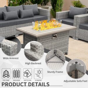 WAROOM Patio Furniture Set Gray Rattan 7 Pieces Outdoor Sectional Sofa PE Wicker Conversation Chairs with Propane Fire Pit Table and Non-Slip Thick Grey Cushion