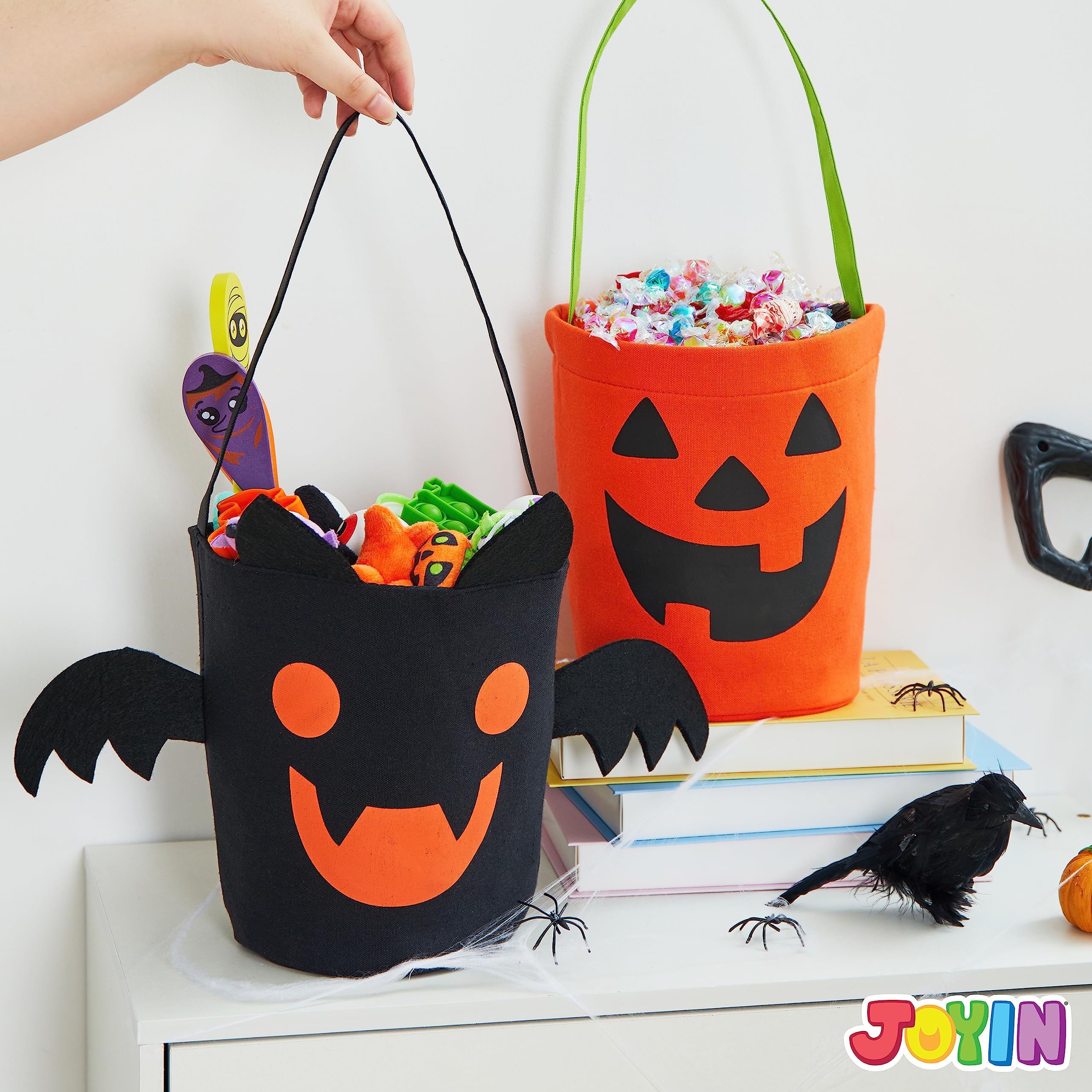 JOYIN 2 PCS Halloween Trick or Treat Bags, 6 X 9 Orange Pumpkin Candy Bucket for Trick or Treating, Black Reusable Bat Goody Tote Bucket, Portable Felt Baskets for Kids Halloween Party Favor Supplies