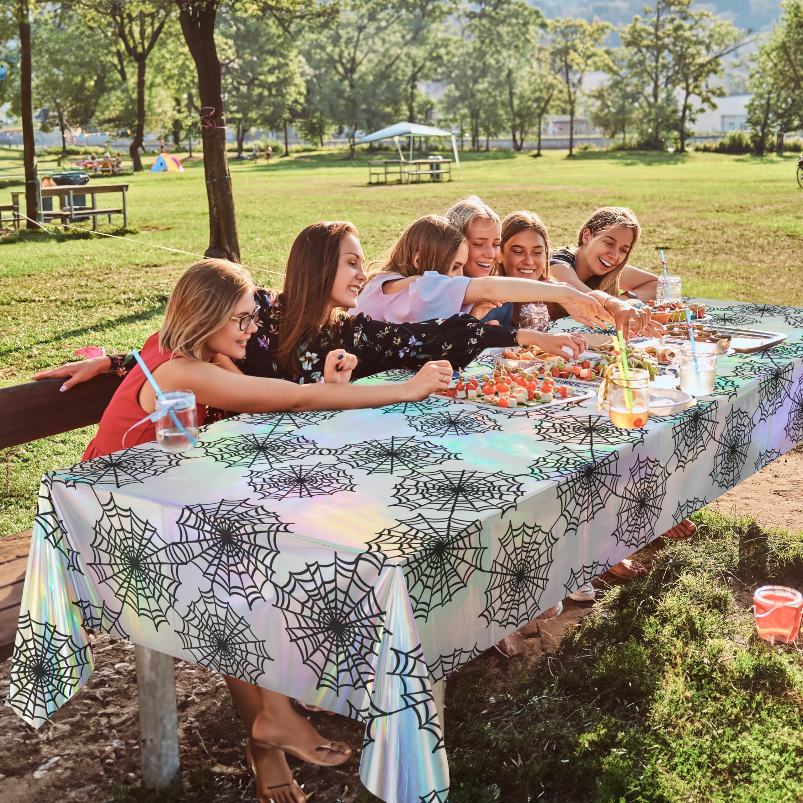 Cheerland Halloween Tablecloth Iridescent Spiderweb Holographic Disposable Foil Table Cover for Birthday Bachelorette Halloween Party Supplies - Pack of 2