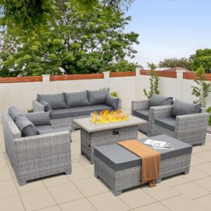 waroom patio furniture set gray rattan 7 pieces outdoor sectional sofa pe wicker conversation chairs with propane fire pit table and non-slip thick grey cushion