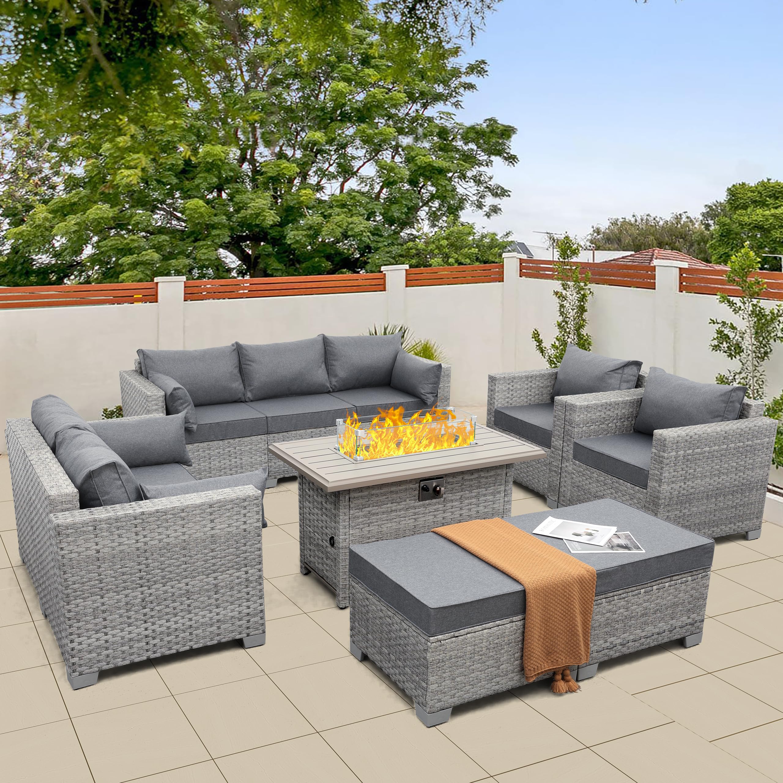 WAROOM Patio Furniture Set Gray Rattan 7 Pieces Outdoor Sectional Sofa PE Wicker Conversation Chairs with Propane Fire Pit Table and Non-Slip Thick Grey Cushion