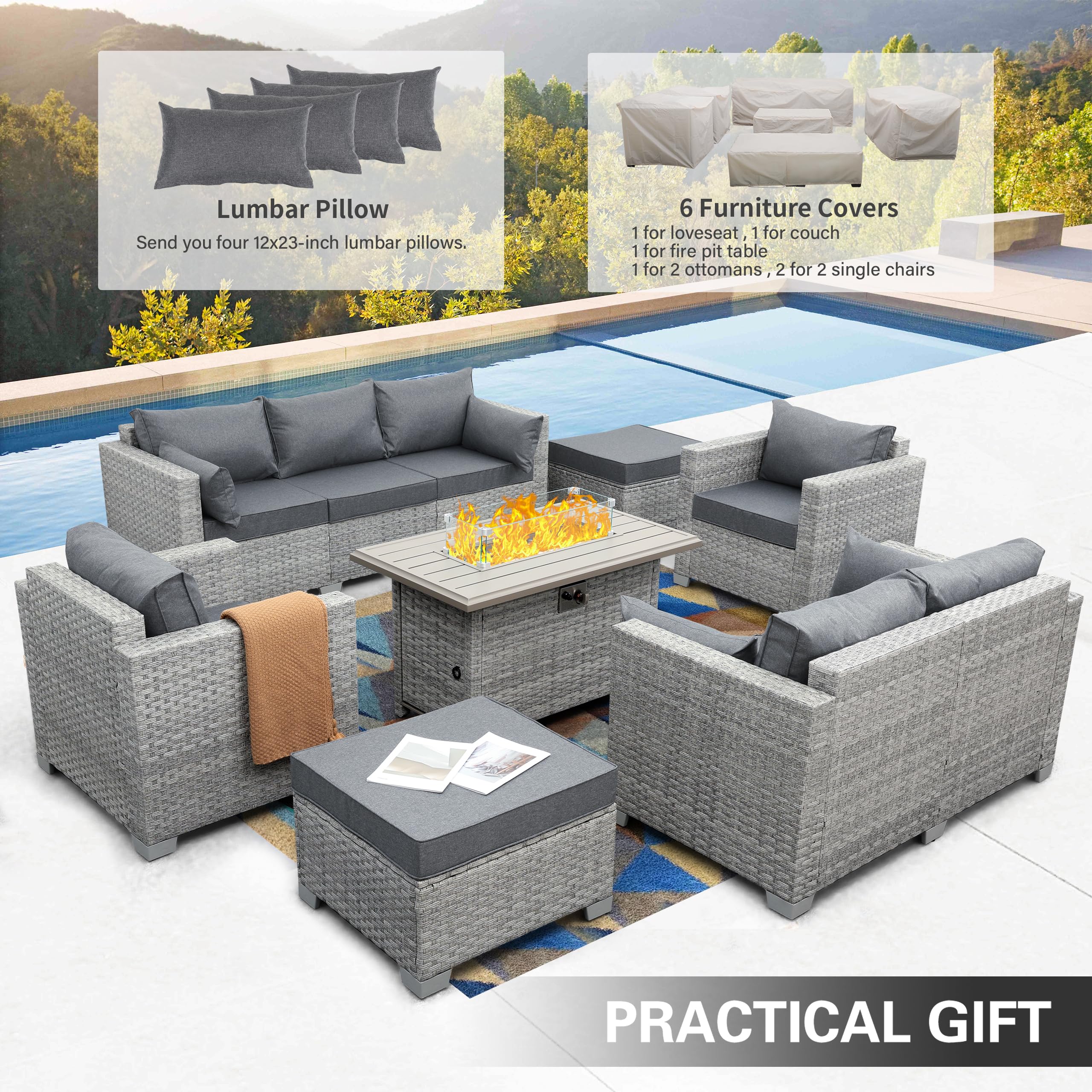 WAROOM Patio Furniture Set Gray Rattan 7 Pieces Outdoor Sectional Sofa PE Wicker Conversation Chairs with Propane Fire Pit Table and Non-Slip Thick Grey Cushion