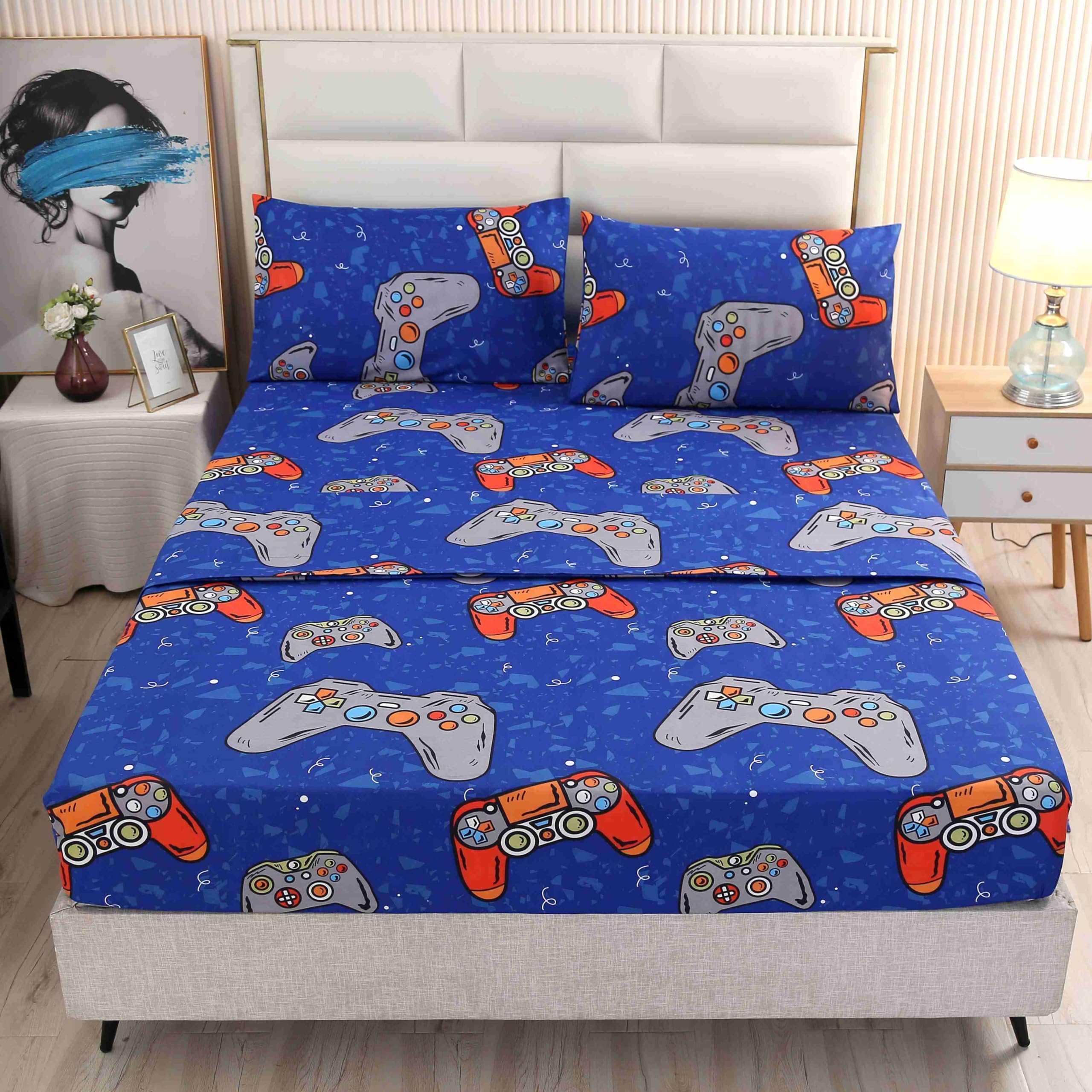 SDIII 4PCS Blue Gamer Sheets Set Twin, Bed in a Bag Gaming Bedding Sheet Twin, Wrinkle and Fade Resistant, Cute Bed Sheets for Kids, Boys and Girls, Twin