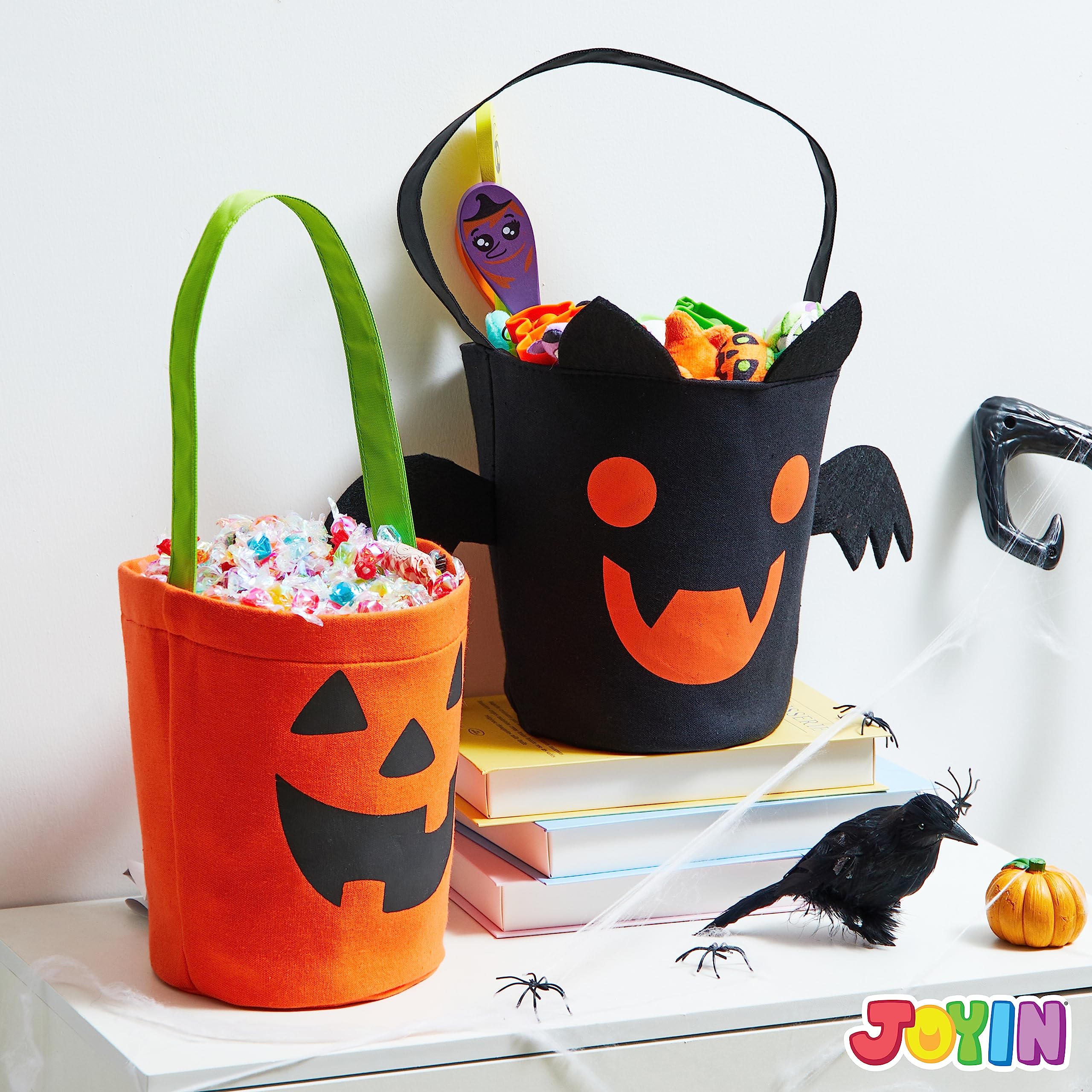 JOYIN 2 PCS Halloween Trick or Treat Bags, 6 X 9 Orange Pumpkin Candy Bucket for Trick or Treating, Black Reusable Bat Goody Tote Bucket, Portable Felt Baskets for Kids Halloween Party Favor Supplies