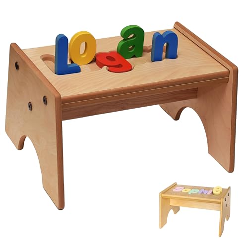 Personalized Name Puzzle Toddler Step Stool- Custom Wooden Stepping Stool for Kids- Primary Letters