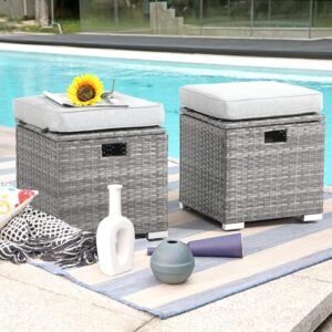 Patiorama 2 Piece Outdoor Patio Ottomans,All-Weather Grey PE Rattan Wicker Ottoman with Storage,Outdoor Footrest Footstool Seat w/Thick Cushion,Built-in Handle for Backyard Poolside Porch (Light Grey)