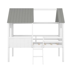 Twin House Bed for Kids Wood Low Loft Bed Frame with Windows and Roof, Easy Assembly, for Girls Boys (White+Gray)