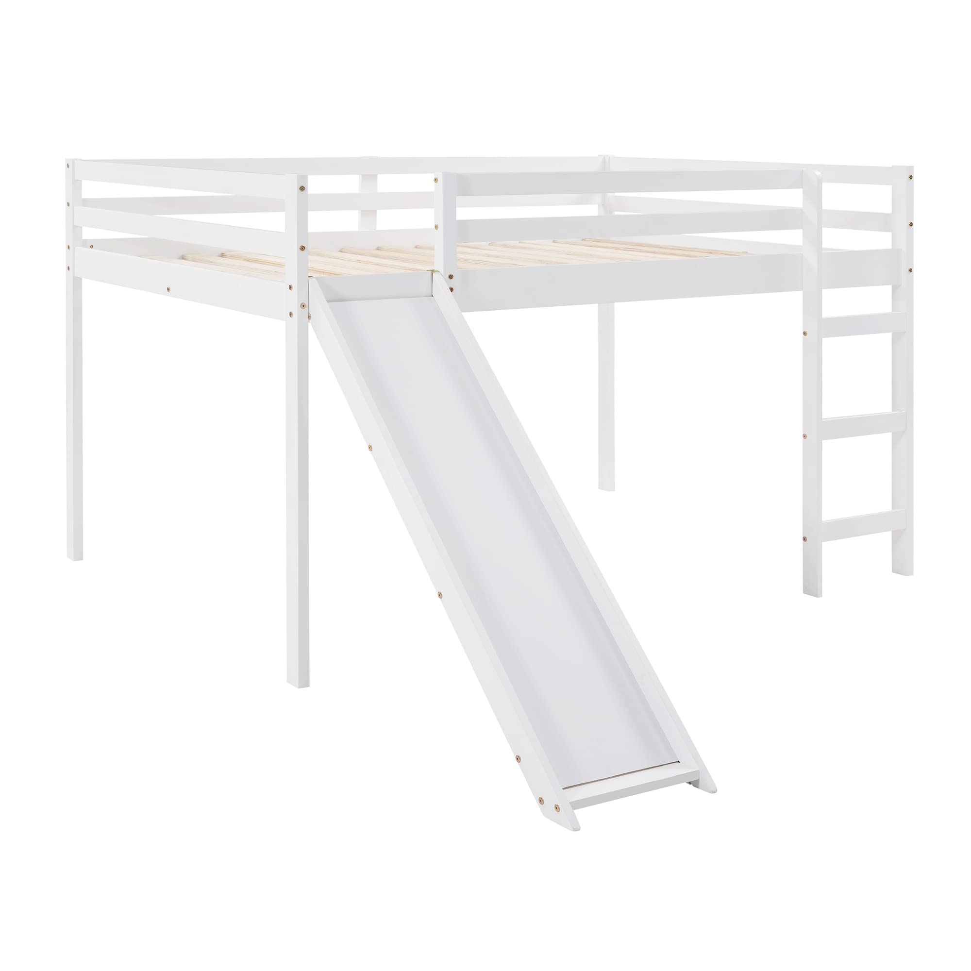 Harper & Bright Designs Full Size Loft Bed with Slide, Solid Wood Low Loft Bed Frame for Kids Girls Boys, Easy Assembly (White)