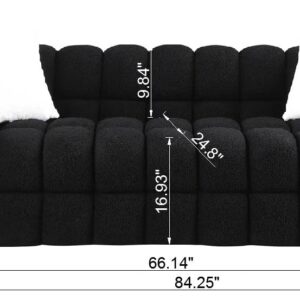 kevinplus 84.3'' Cloud Black Sofa Couch Boucle Chesterfield Sofa Couch for Living Room, Modern 3-Seat Upholstered Sectional Sofa Couch for Apartment Bedroom Dorm Office, Medium-Soft & 2 Pillows, Black