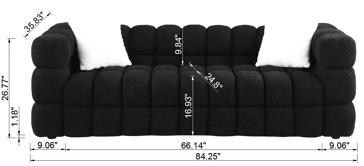 kevinplus 84.3'' Cloud Black Sofa Couch Boucle Chesterfield Sofa Couch for Living Room, Modern 3-Seat Upholstered Sectional Sofa Couch for Apartment Bedroom Dorm Office, Medium-Soft & 2 Pillows, Black