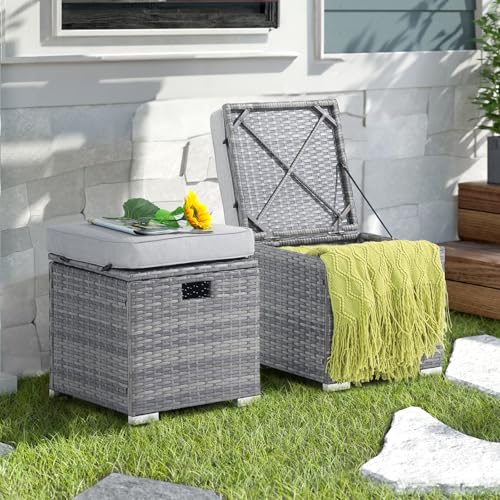 Patiorama 2 Piece Outdoor Patio Ottomans,All-Weather Grey PE Rattan Wicker Ottoman with Storage,Outdoor Footrest Footstool Seat w/Thick Cushion,Built-in Handle for Backyard Poolside Porch (Light Grey)